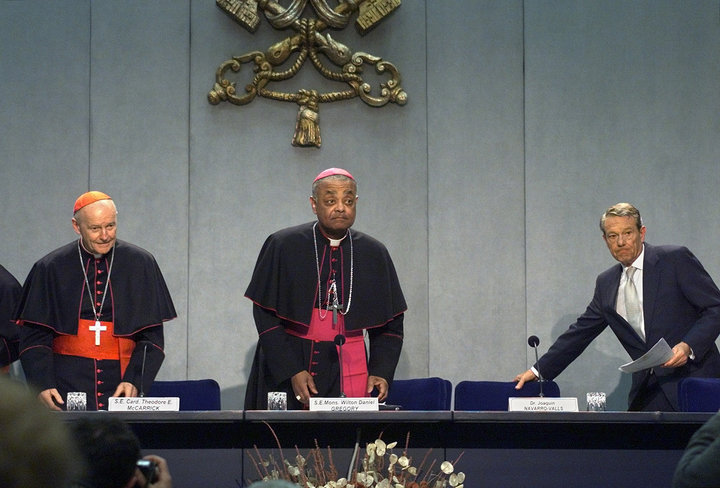 In a file photo from April 24, 2002, then-Cardinal Theodore Edgar McCarrick of Washington D.C. (left) and Bishop Wilton Grego