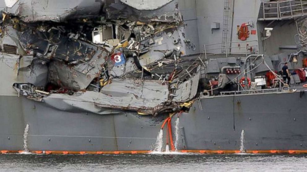 A damaged section of the USS Fitzgerald is seen at the U.S. Naval base in Yokosuka, southwest of Tokyo, June 18, 2017.
