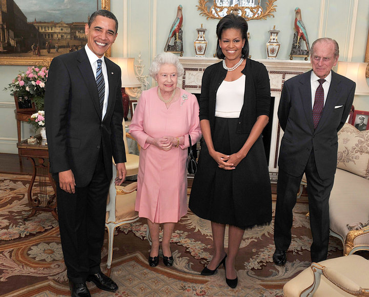 President Barack Obama and the first lady pose with Queen Elizabeth and Prince Philip during an audience at Buckingham Palace