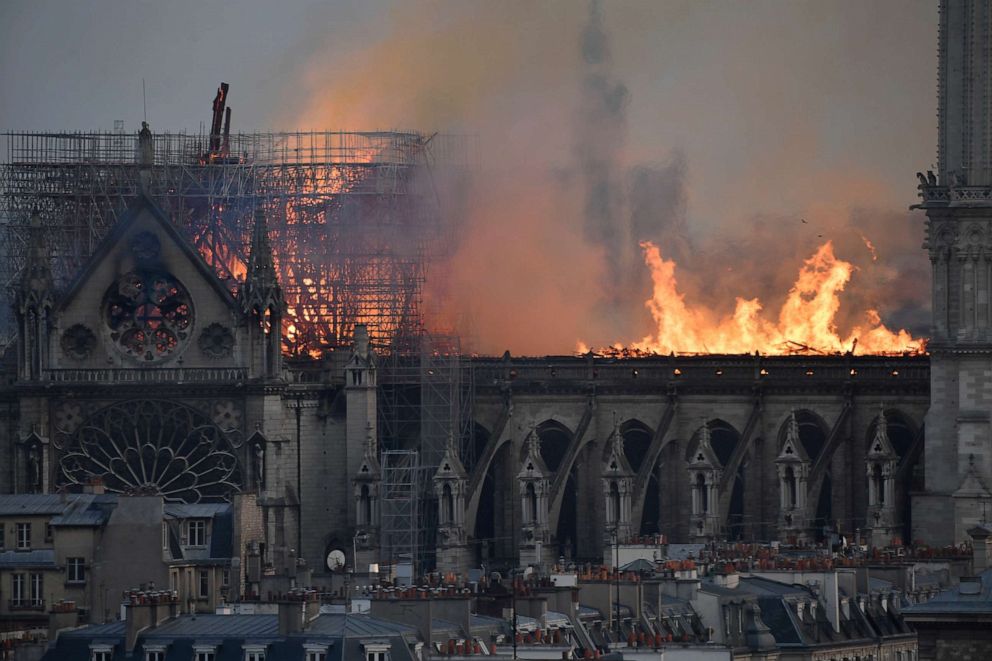 Flames burning the roof of the Notre-Dame Cathedral in Paris, April 15, 2019.