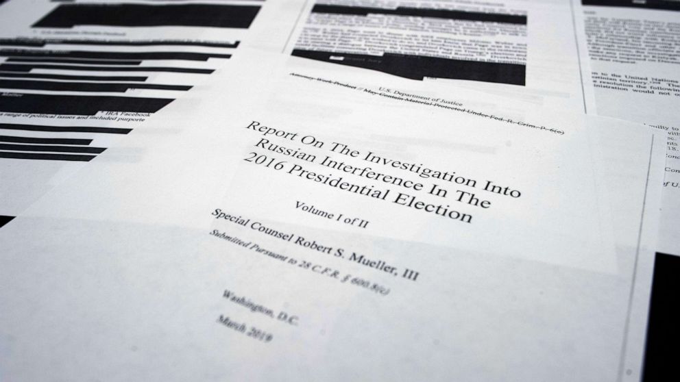 Pages of the special counsel Robert Mueller's redacted report on Russian interference in the 2016 presidential election released on April 18, 2019.