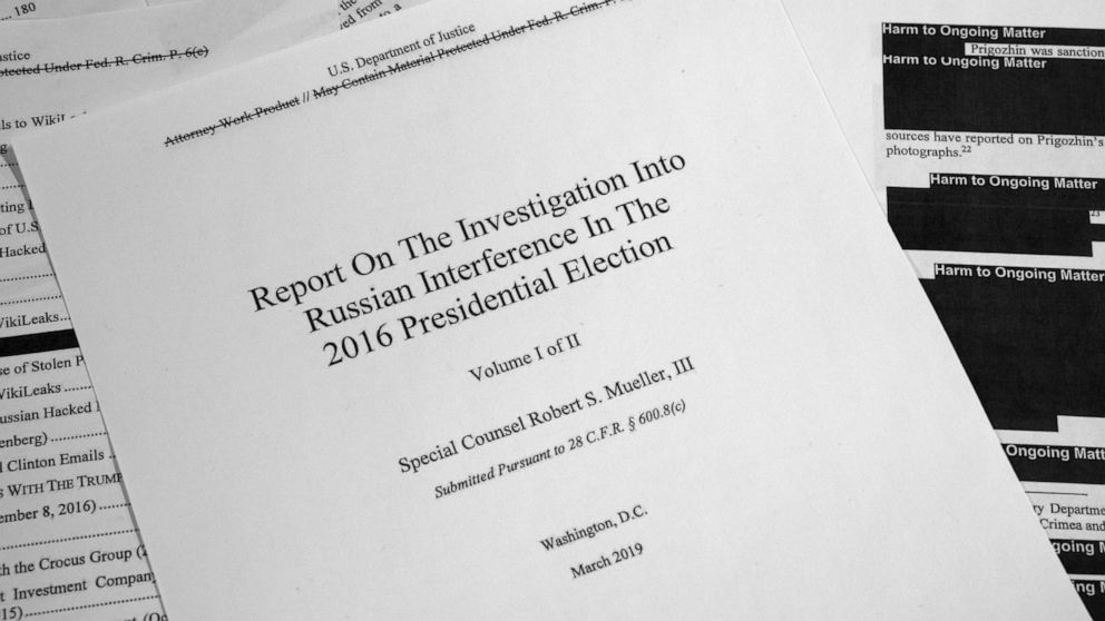 Special counsel Robert Mueller's redacted report on Russian interference in the 2016 presidential election as released on April 18, 2019, is photographed in Washington, D.C.