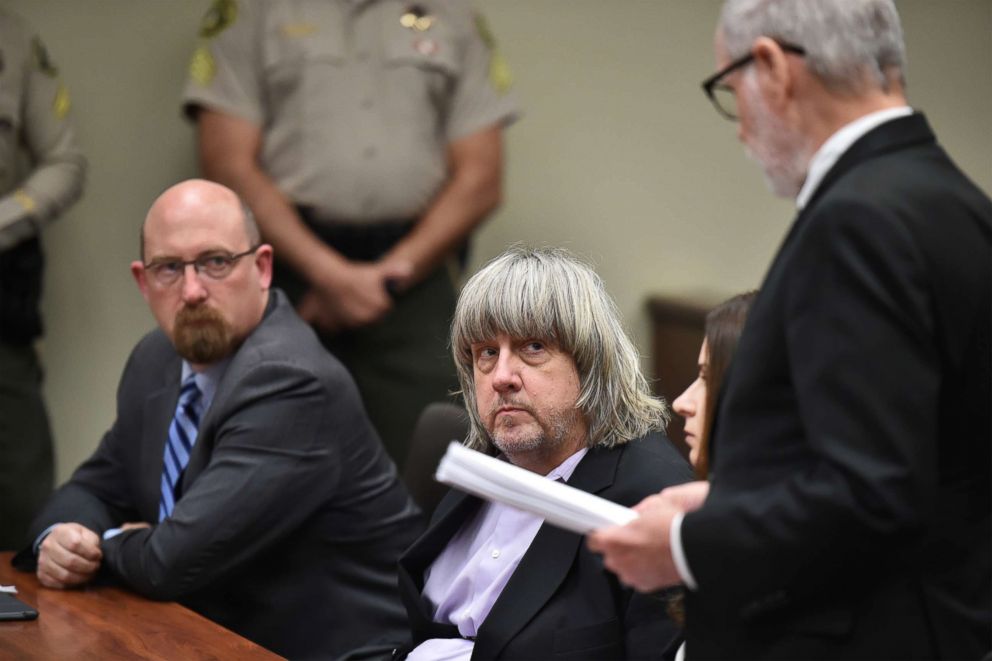 David Allen Turpin appears in court for arraignment with attorneys on Jan. 18, 2018 in Riverside, Calif.
