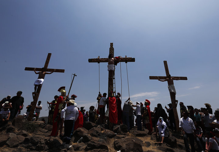 Crosses set up on a hill outside the village of San Mateo, Tepotzotl&aacute;n, on Good Friday.