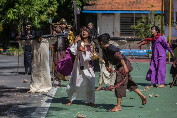 A procession of Christians in Surabaya, East Java, on Good Friday.