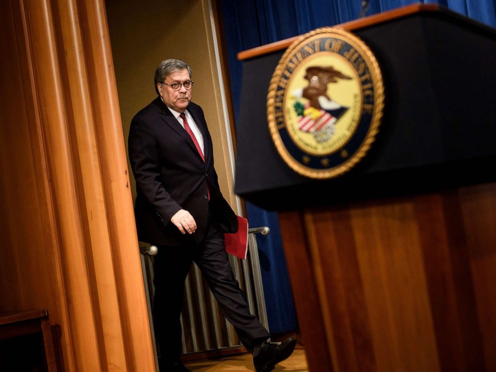 PHOTO: Attorney General William Barr arrives for a press conference about the release of the Mueller Report at the Department of Justice, April 18, 2019, in Washington, D.C. 