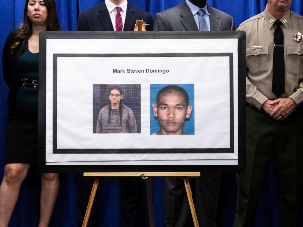 PHOTO: The portrait of alleged terrorist Mark Steven Domingo is displayed during a press conference uncovering details of his arrest on charges of preparing terrorist attacks in the Federal Building in Los Angeles, April 29, 2019.