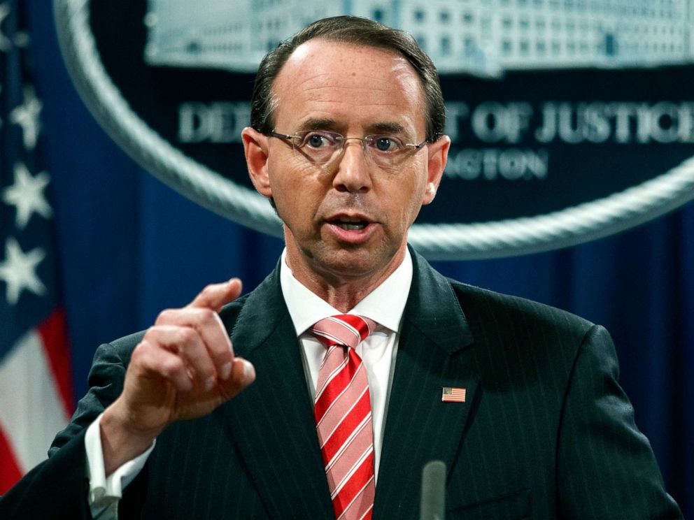 PHOTO: Deputy Attorney General Rod Rosenstein speaks during a news conference at the Department of Justice in Washington, July 13, 2018.