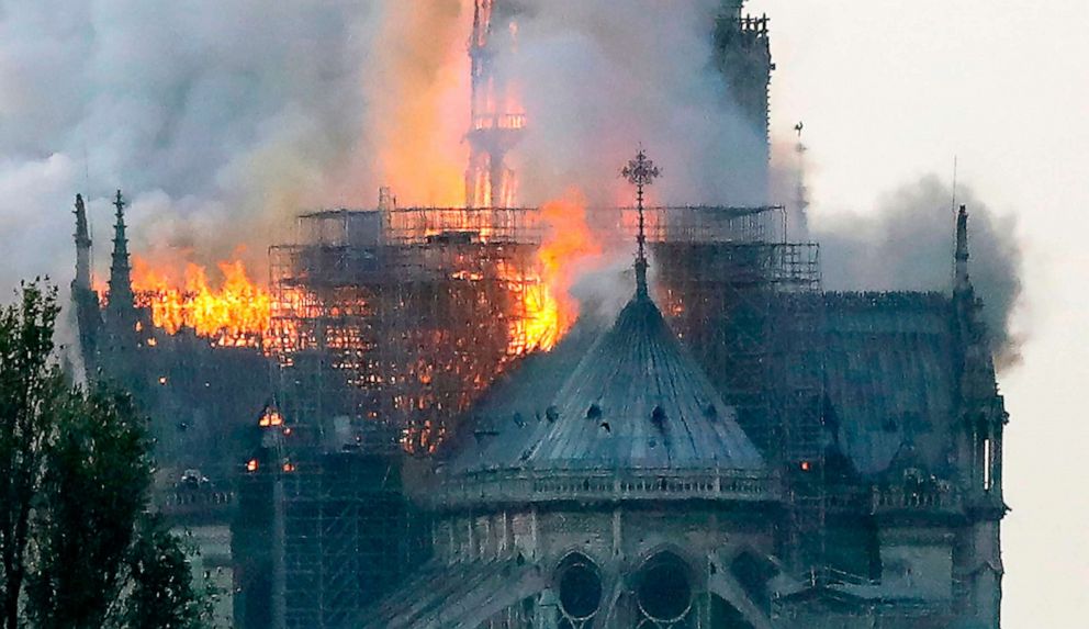 Flames rise during a fire at Notre-Dame Cathedral in Paris, April 15, 2019.