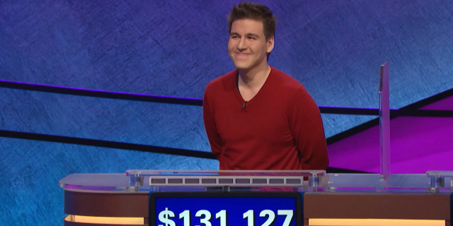 FILE - This file image made from video and provided by Jeopardy Productions, Inc. shows "Jeopardy!" contestant James Holzhauer on an episode that aired on April 17, 2019. Holzhauer has shattered several records on "Jeopardy!" but it's not the first time he has done so on a game show. 