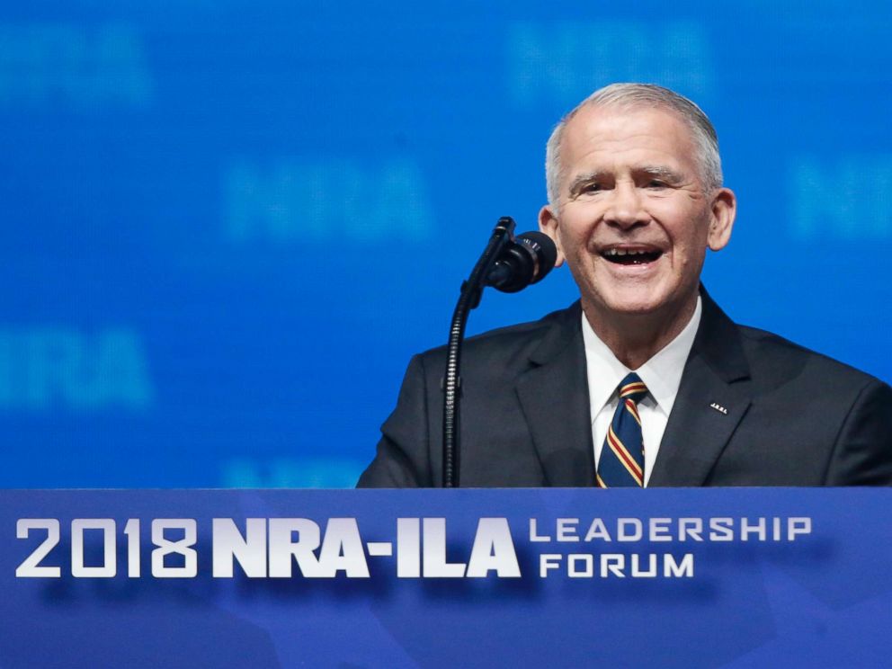 PHOTO: Former U.S. Marine Lt. Col. Oliver North speaks before giving the Invocation at the National Rifle Association-Institute for Legislative Action Leadership Forum in Dallas, May 4, 2018. 