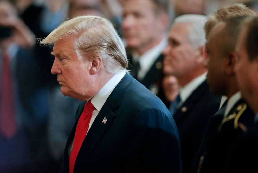President Donald Trump arrives at a Wounded Warrior Project Soldier Ride event in the East Room of the White House, April 18, 2019.