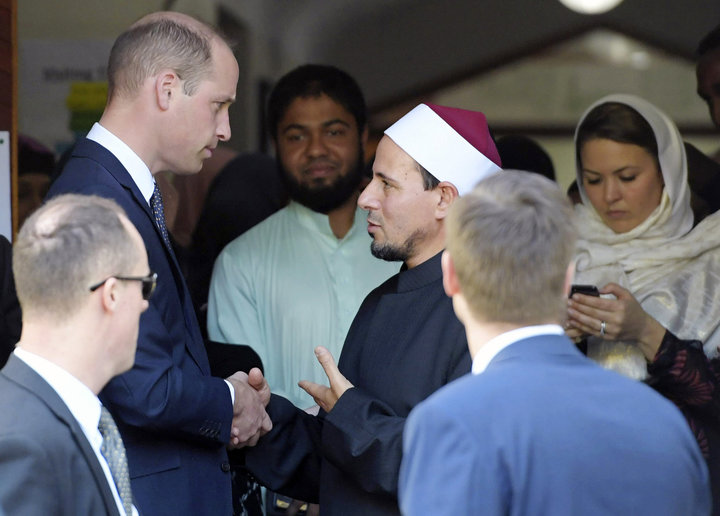 Prince William (top left) shakes hands with Imam Gamal Fouda after his visit to the Al Noor Mosque in Christchurch, New Zeala