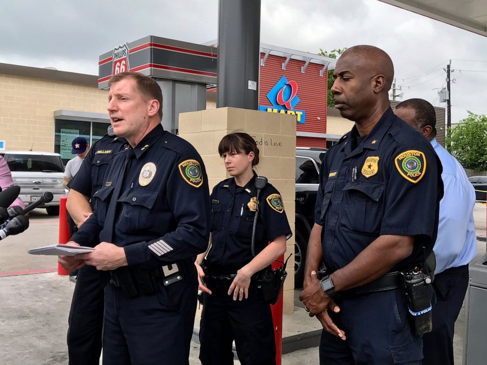 PHOTO: Police officials talk about an apparent road rage incident where a 1-year-old-boy was shot near a Philips 66 gas station in southwest Houston, May 1, 2019.