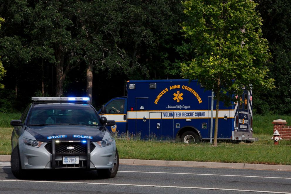 PHOTO: An ambulance turns on Nimmo Parkway following a shooting at the Virginia Beach Municipal Center, May 31, 2019, in Virginia Beach, Va.