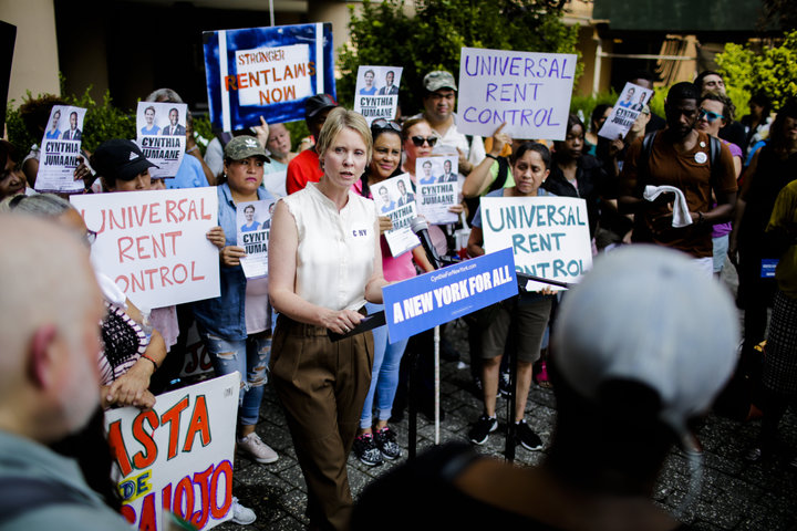 Cynthia Nixon speaks at a rally for universal rent control on Aug. 16, 2018, in New York City.