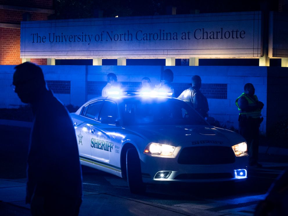 PHOTO: Police secure the main entrance to UNC Charlotte after a fatal shooting at the school, Tuesday, April 30, 2019, in Charlotte, N.C.