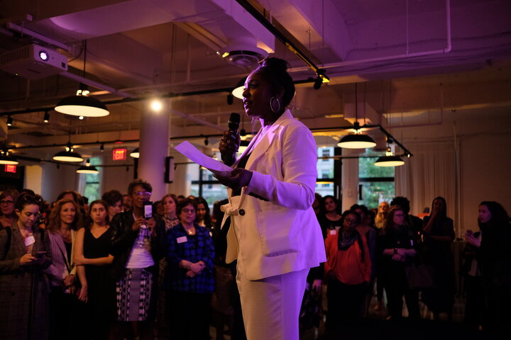 Alicia Garza speaks at the Supermajority launch party on April 29.