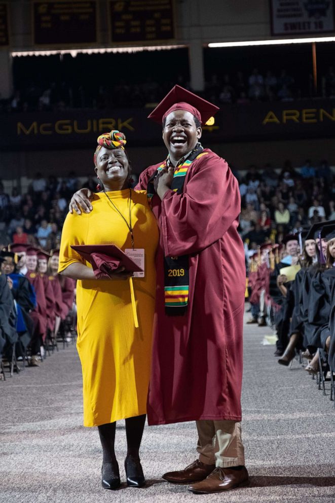 PHOTO: Sharonda Wilson poses with her son, Stephan Wilson, at Central Michigan Universitys 2019 commencement ceremony.