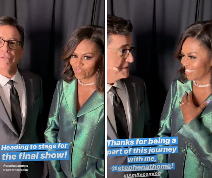 Stephen Colbert and Michelle Obama speaking before the final stop on her book tour.