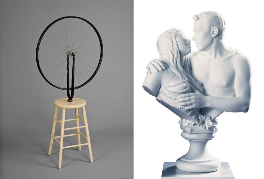 Left Marcel Duchamp - Roue de Bicyclette Right Jeff Koons - Bourgeois Bust -Jeff and Ilona Right