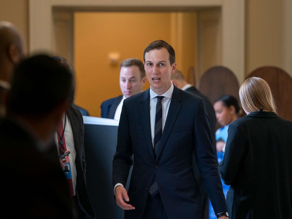 PHOTO: President Donald Trumps senior adviser, and son-in-law, Jared Kushner, departs the Capitol after a meeting with Senate Republicans, May 14, 2019.