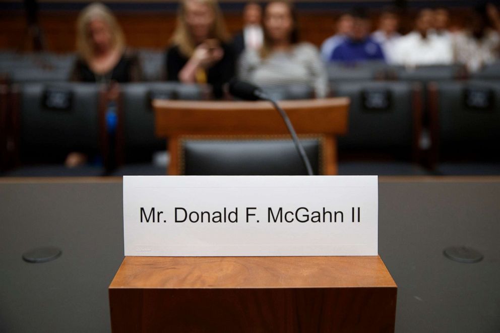 PHOTO: The empty chair of Former White House Counsel Donald F. McGahn II prior to the House Judiciary Committee on Capitol Hill in Washington, D.C., May 21, 2019.