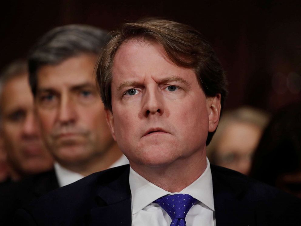 PHOTO: White House counsel Don Mcgahn listens to Judge Brett Kavanaugh testify before the Senate Judiciary Committee during his Supreme Court confirmation hearing in the Dirksen Senate Office Building on Capitol Hill, Sept. 27, 2018, in Washington.
