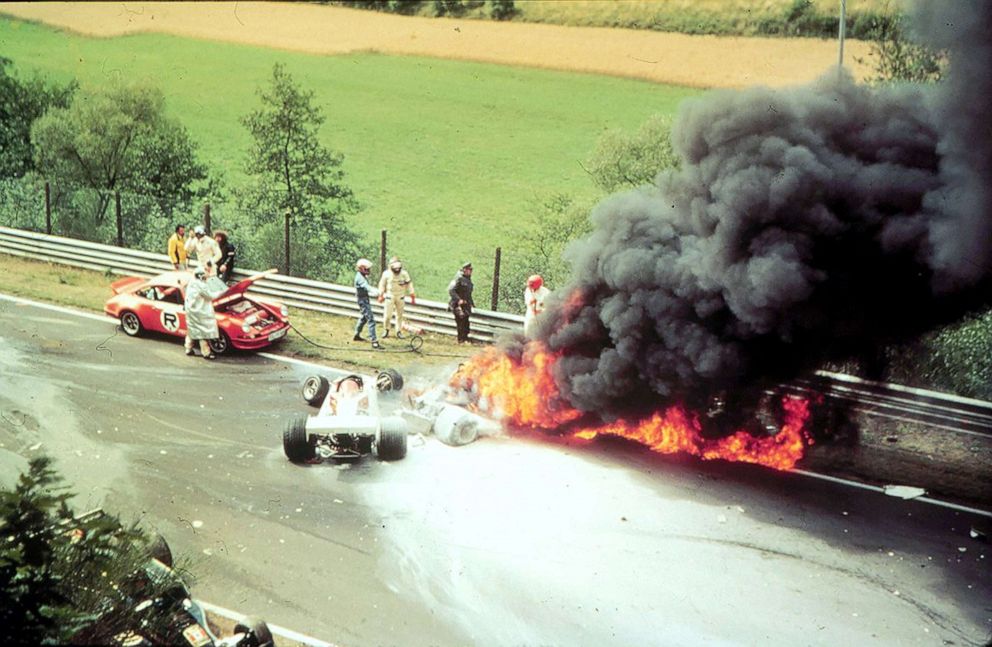 PHOTO: The burning Ferrari of Austrian driver Niki Lauda after an accident during the German Grand Prix at the Nurburgring, Germany, Aug. 1, 1976.