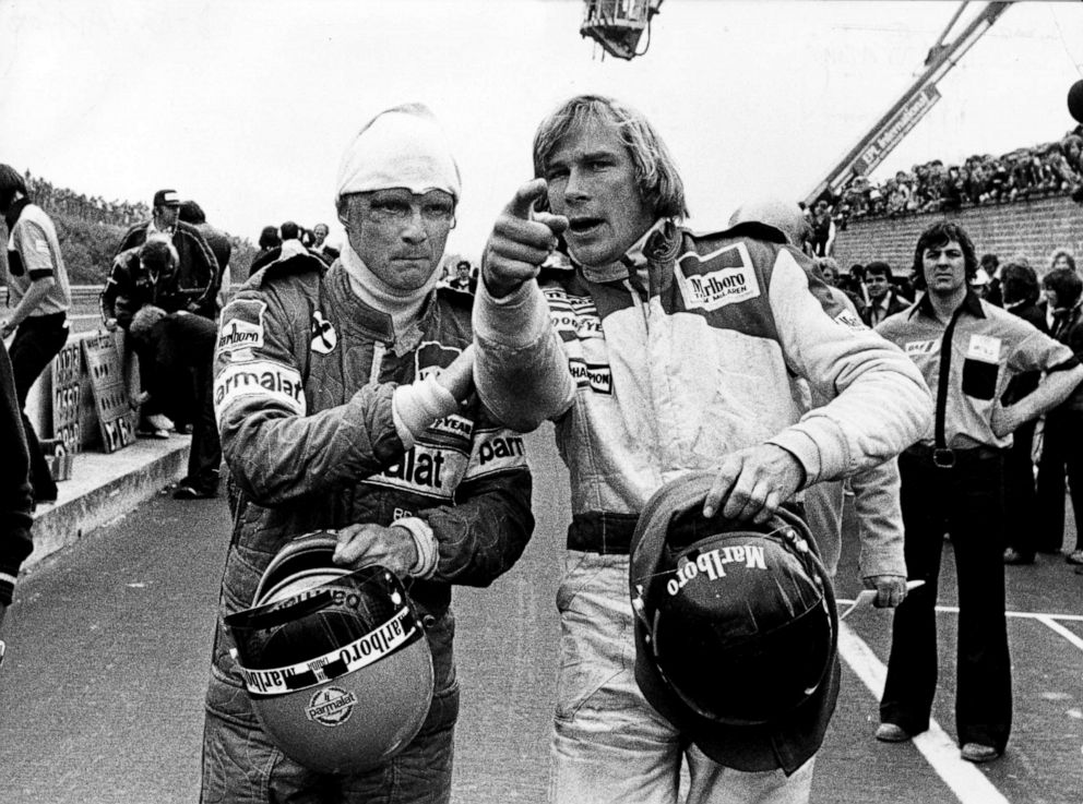 PHOTO: Racing drivers Niki Lauda (left) and James Hunt after both were involved in a multiple collision and forced to retire at the start of the Belgian Grand Prix , Belgium, May 21, 1978.