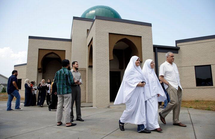 Worshipers leave the Islamic Center of Murfreesboro after midday prayers in Murfreesboro, Tennessee.
