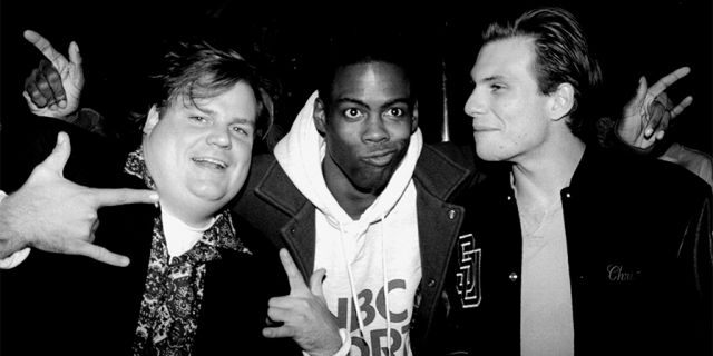 Christian Slater (right) with "Saturday Night Live" cast members Chris Farley (left) and Chris Rock (center). — Photo by Richard Corkery/NY Daily News Archive via Getty Images