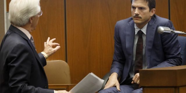 Defense Attorney Daniel Nardoni, left, questions Ashton Kutcher during his testimony in the murder trial of Michael Gargiulo.