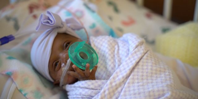 Baby Saybie weighed five pounds when she was discharged from the hospital this month. 