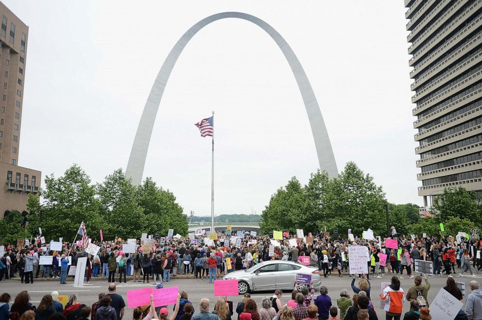 PHOTO: Hundreds of women and supporters attend a protest rally over recent restrictive abortion laws, May 21, 2019 in St Louis, Missouri. 