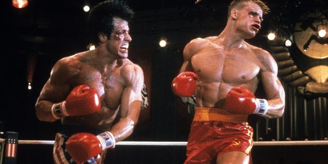 Sylvester Stallone punches Dolph Lundgren in a scene from the film "Rocky IV" in 1985. Stallone said Lundgren nearly killed him during filming, but that they're close friends today.