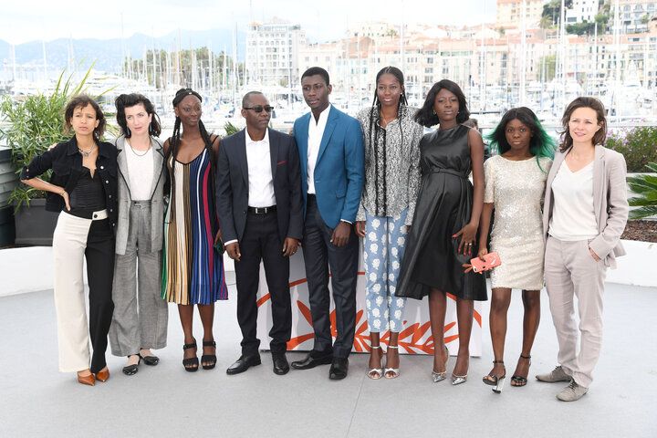 Mati Diop and cast members of her film "Atlantics" in Cannes, France, on May 17.