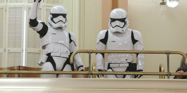 A pair of stormtroopers watch lawmakers in action from the gallery of the state Senate chambers on Thursday in Sacramento, Calif. The California Legislature voted to declare May 4 "Star Wars Day."