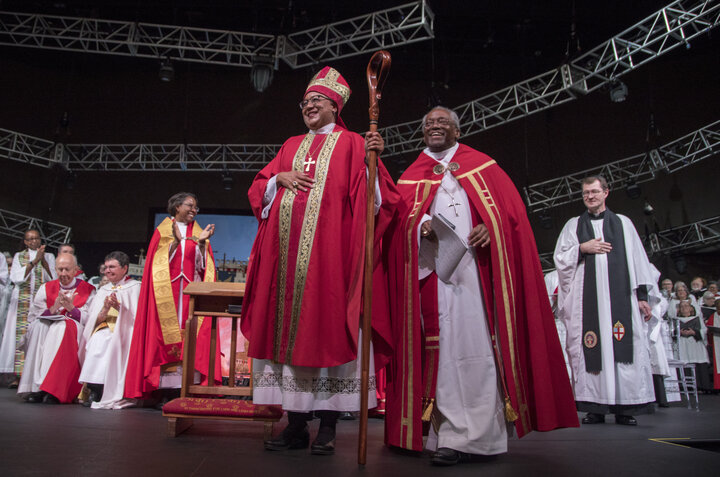 Rev. Phoebe Roaf (center), flanked by Bishop Michael B. Curry, is consecrated a bishop in Hope Church in Memphis on May 4, 20