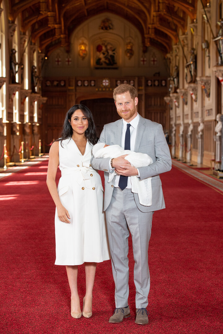 The Duke and Duchess of Sussex with their baby son, who was born Monday morning, during a photocall in St George's Hall at Wi