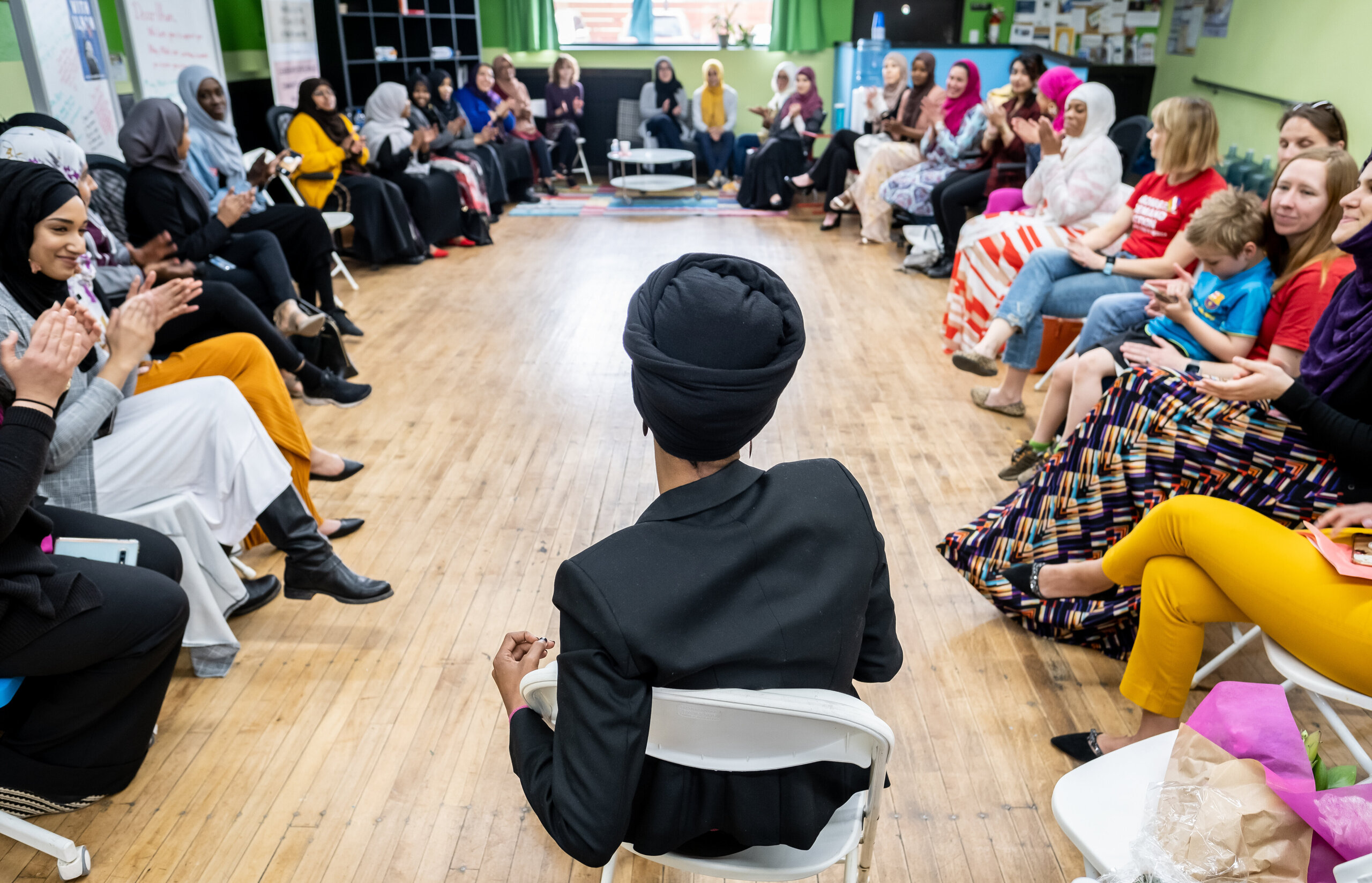 Rep. Ilhan Omar meets with community members at the RISE (Reviving Sisterhood) office in North Minneapolis on April 24, 2019.