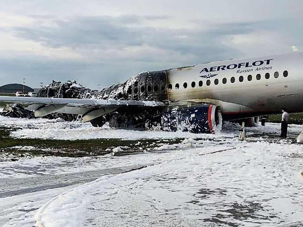 PHOTO: The scene of a crash of a Russian Airlines plane at Sheremetyevo airport outside of Moscow, May 5, 2019. 