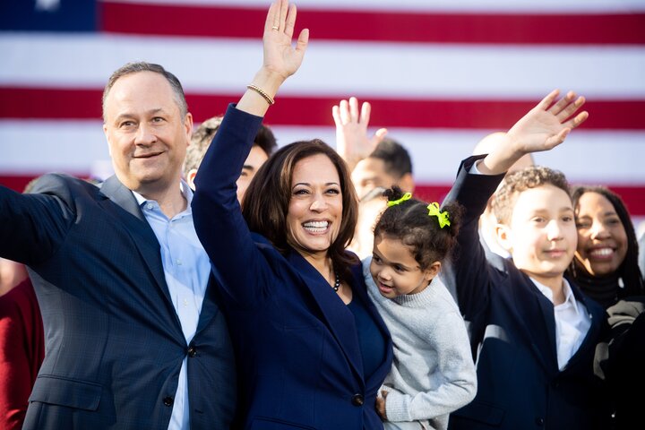 Harris and&nbsp;Emhoff&nbsp;at a rally launching her presidential campaign on Jan. 27, 2019, in Oakland, California.
