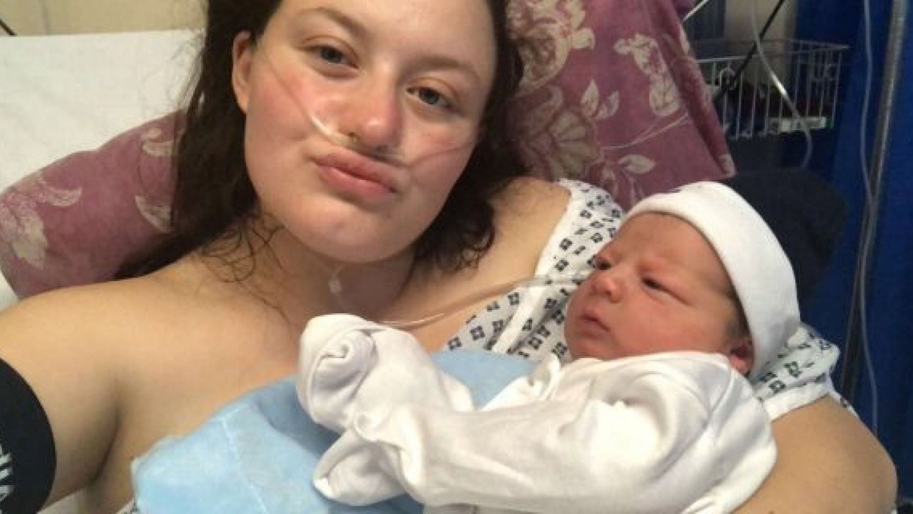 Paige Balding, 20,with son Hunter Jae just after giving birth.