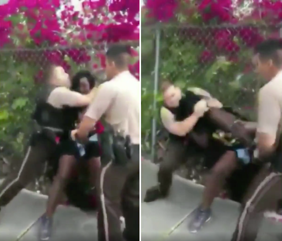Video shows an officer placing 26-year-old Dyma Loving in a headlock and forcing her to the ground after accusing her of diso