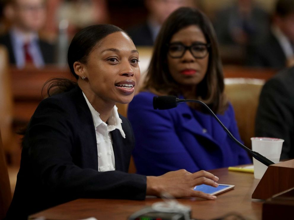 PHOTO: Allyson Felix testifies before the House Ways and Means Committee about how a severe case of preeclampsia led to an emergency C-section childbirth at 32 weeks during a hearing about maternal mortality on Capitol Hill, May 16, 2019.