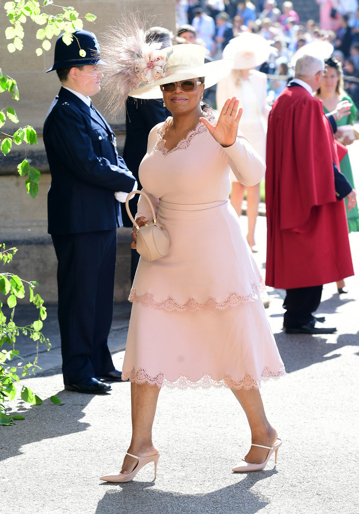 Oprah Winfrey arriving at St. George's Chapel at Windsor Castle for the wedding of Meghan Markle and Prince Harry on May 19, 
