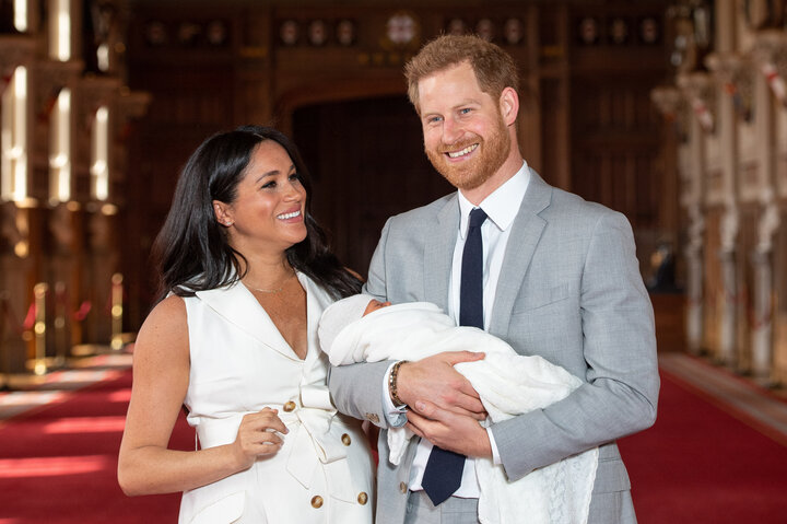 The Duke and Duchess of Sussex with their baby son, who was born on Monday morning, during a photocall in St George's Hall at