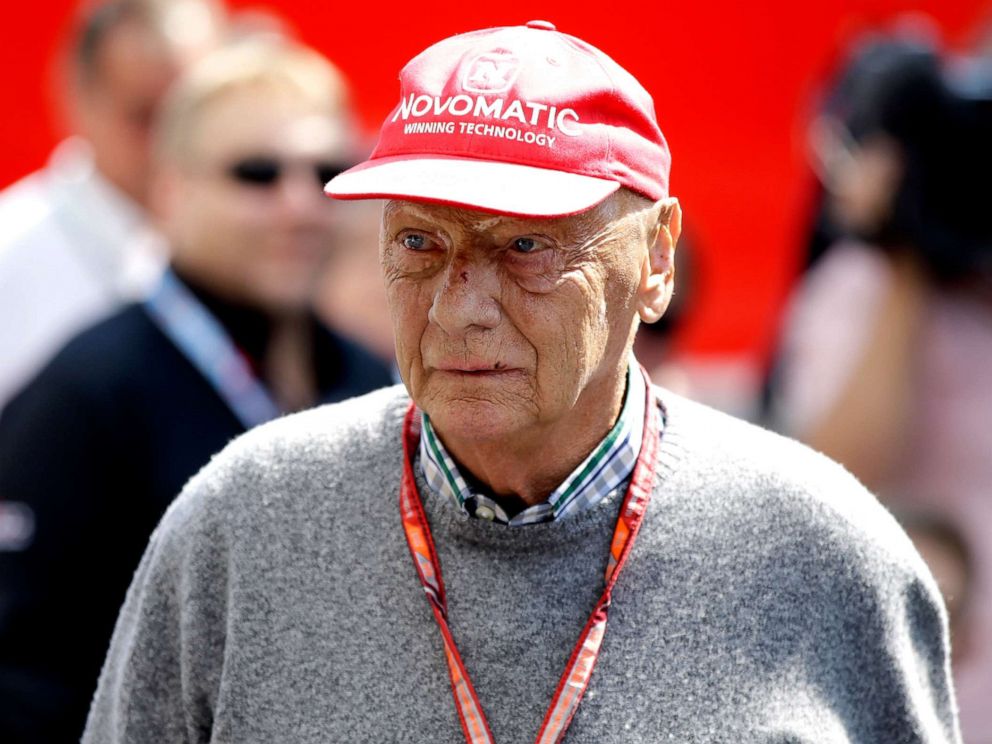 PHOTO: In this July 7, 2018, file photo former Formula One World Champion Niki Lauda of Austria walks in the paddock before the third free practice at the Silverstone racetrack, Silverstone, England.