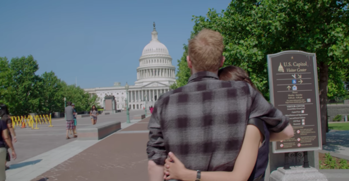 Riley Roberts and Alexandria Ocasio-Cortez look at the U.S. Capitol building in a still from Netflix's "Knock Down the House.